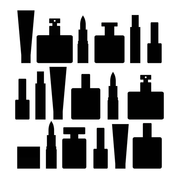 Ícones de silhuetas de coleção de cosméticos - batom, nata, perfume, esmalte de prego, gel de chuva. Imagens de cosméticos de beleza mulher simples e minimalista. Estilo de design plano. Ilustração vetorial . — Vetor de Stock