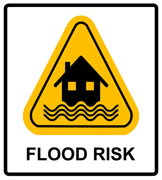 Powódź katastrofy żółty znak - dom i fale na żółty znak na białym tle — Wektor stockowy