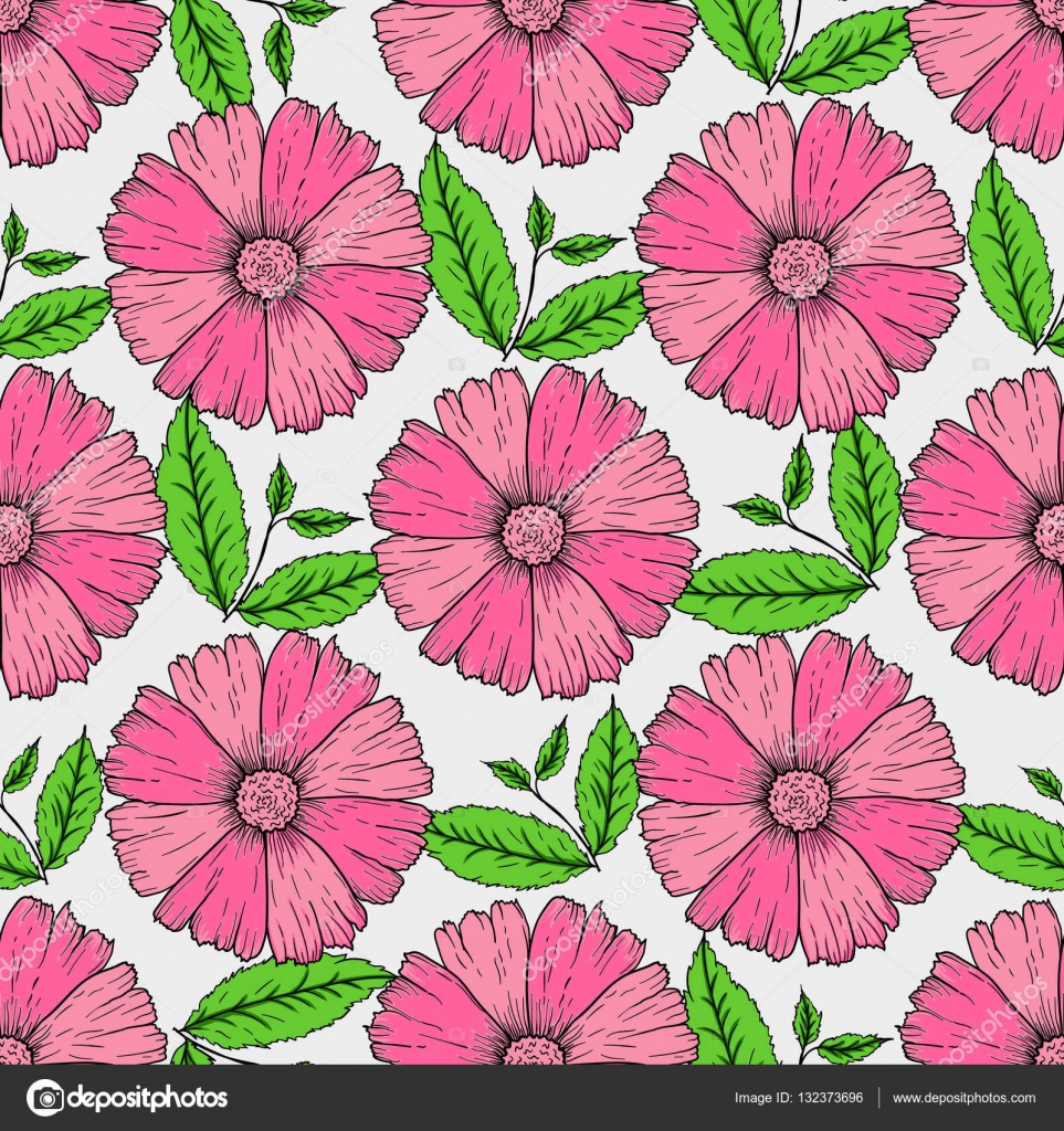 Reticolo senza giunte di mano disegnata fiori variopinti e ramo di foglia illustrazione di grigio Camomiles bello magico A mano abbozzato doodle per