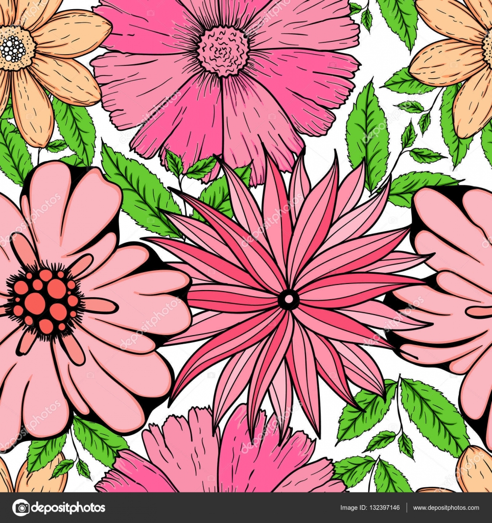 Reticolo senza giunte di mano disegnata fiori variopinti e ramo di foglia illustrazione di grigio Camomiles bello magico A mano abbozzato doodle per