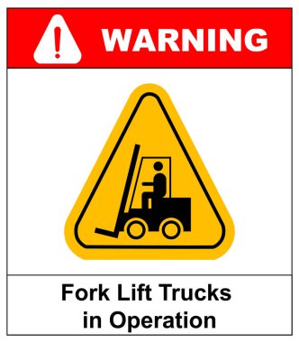 Forklift kamyon işareti. Tehdit uyarı sembolü. Tehlike uyarı simgesi. Beyaz zemin üzerine sarı üçgen içinde izole bir adam amblemi siluet siyah Asansör-kamyon. Tehlike etiket. Vektör