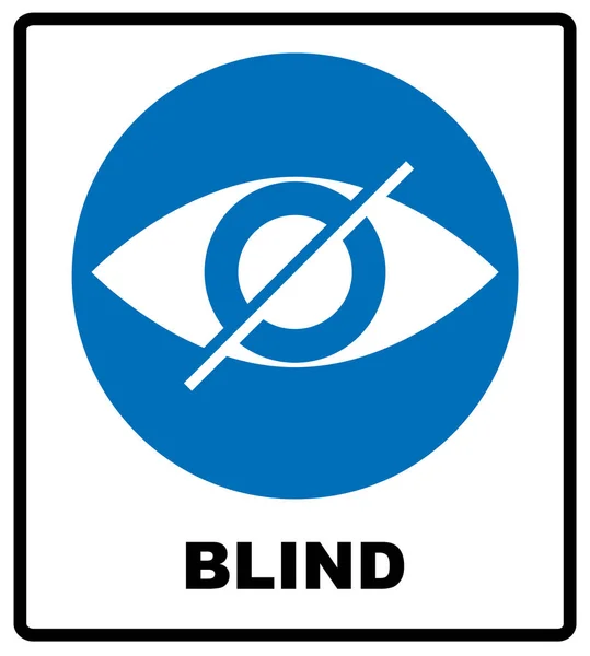 Blind ondertekenen in blauwe cirkel, aankondiging label. Gekruiste oogpictogram. Eenvoudige platte logo van doorhalen oog op witte achtergrond. Vectorillustratie — Stockvector
