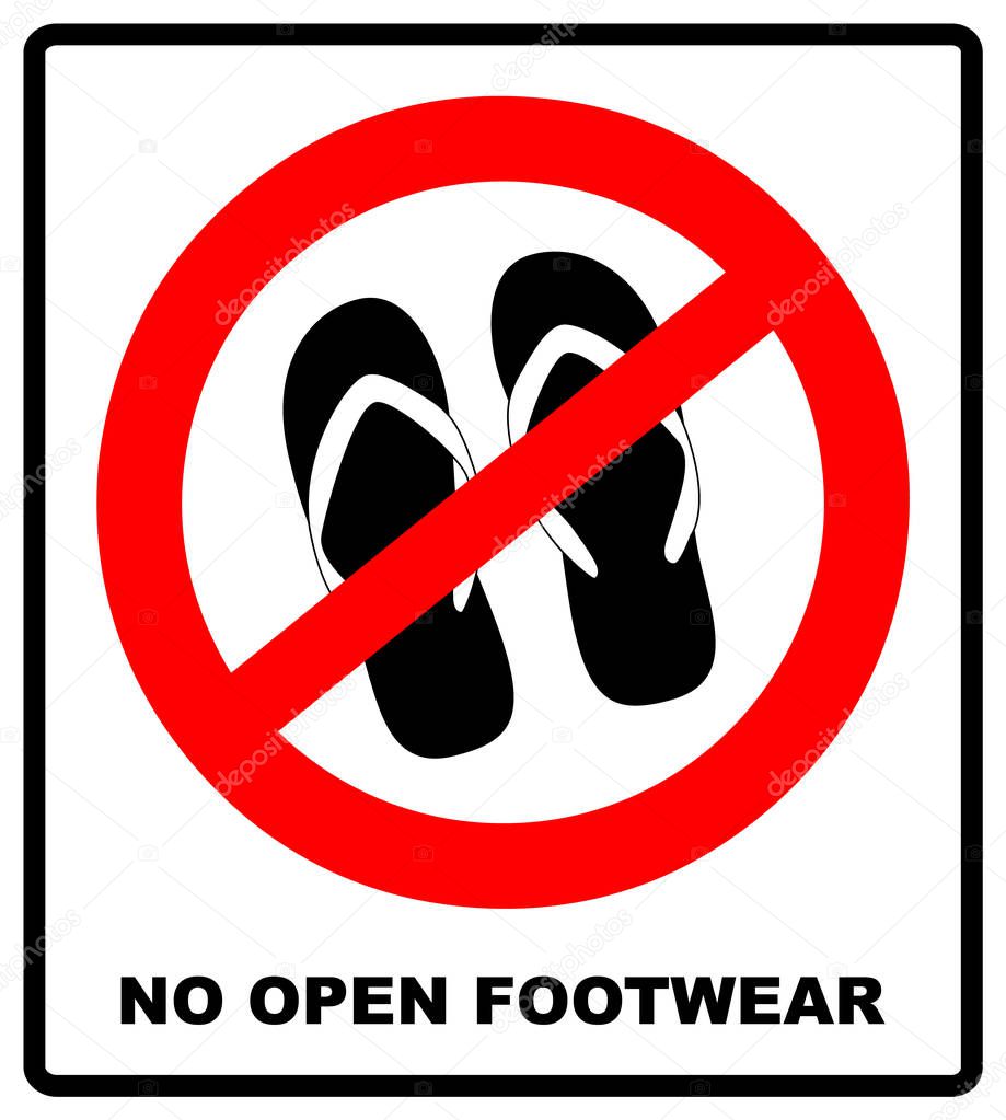 Sign no sandals. No slipper red prohibition plane icon on white background. Ban flip flops. Stock illustration