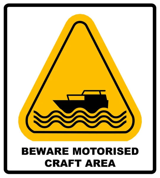 Cuidado con la zona de embarcaciones motorizadas. Señal de advertencia en triángulo amarillo aislado en blanco. Ilustración de stock vectorial — Vector de stock