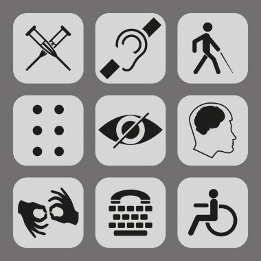 Vector disabled signs with deaf, dumb, mute, blind, braille font, mental disease, low vision, wheelchair icons. Collection of mandatory signs for public places and web design