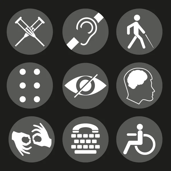 Signos de discapacidad vectorial con sordos, mudos, mudos, ciegos, fuente braille, enfermedades mentales, baja visión, iconos de sillas de ruedas. Colección de letreros obligatorios para lugares públicos y diseño web — Vector de stock
