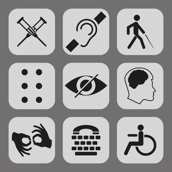 Signes vectoriels handicapés avec sourds, muets, muets, aveugles, police braille, maladie mentale, basse vision, icônes en fauteuil roulant. Collecte de panneaux obligatoires pour les lieux publics et web design — Image vectorielle