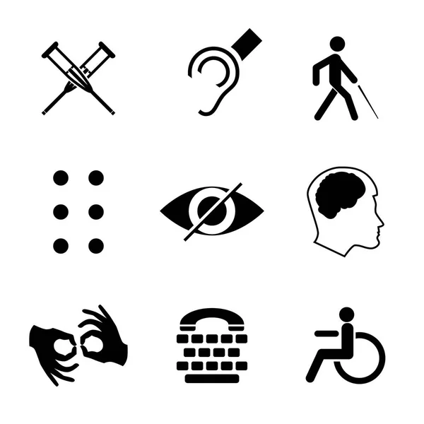 Vektör işaretleri sağır, dilsiz, sessiz, kör, braille yazı tipi, ruhsal hastalık, görme, tekerlekli sandalye simgeleri ile devre dışı. Kamusal ve web tasarım için zorunlu işaretler topluluğu