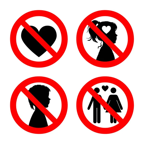 Prohibition sign icons collection, set of vector illustration isolated on white. Red forbidden circle. No love, no girls, no boys, no falling in love — Stock Illustration Prohibition sign icons collection, set of vector illustration isolated on white. Red forbidden circle. No love, no girls, no boys, no falling in love Vector Graphics