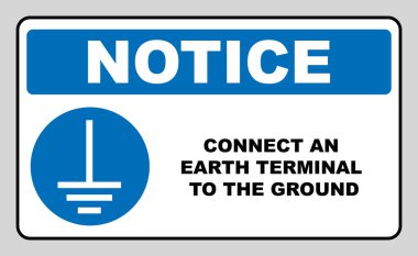 Connect an earth terminal to the ground sign. Mandatory notice symbol in blue circle, banner isolater on white. Vector illustration. clipart