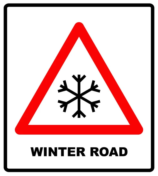 Señal de advertencia de nieve, resistido con rastros de nieve. Ilustración vectorial. símbolo de triángulo rojo aislado en blanco. Camino de invierno . — Vector de stock