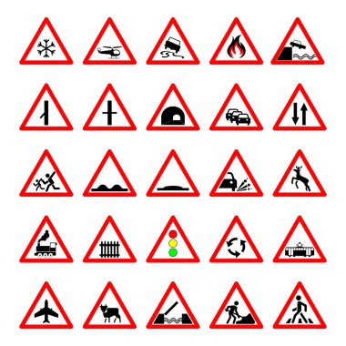 yol tehlike uyarı işaretleri, yol işaretleri trafik kuralları, vektör kırmızı üçgen durum hakkında uyarmak ayarlayın. simge kümesi.