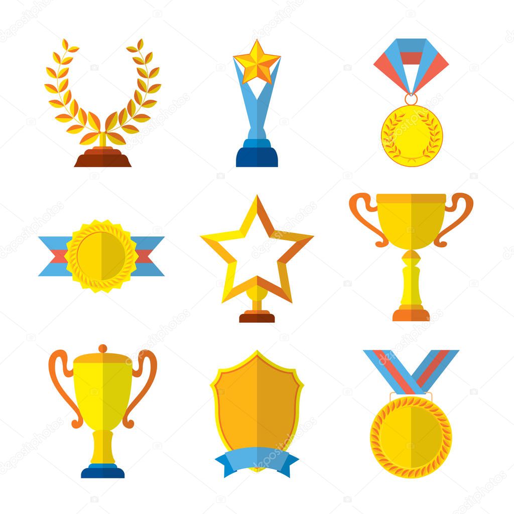 Trophy icons flat set of medallion success award winner medal isolated vector illustration. Collection of shields, medals, stars for your design.