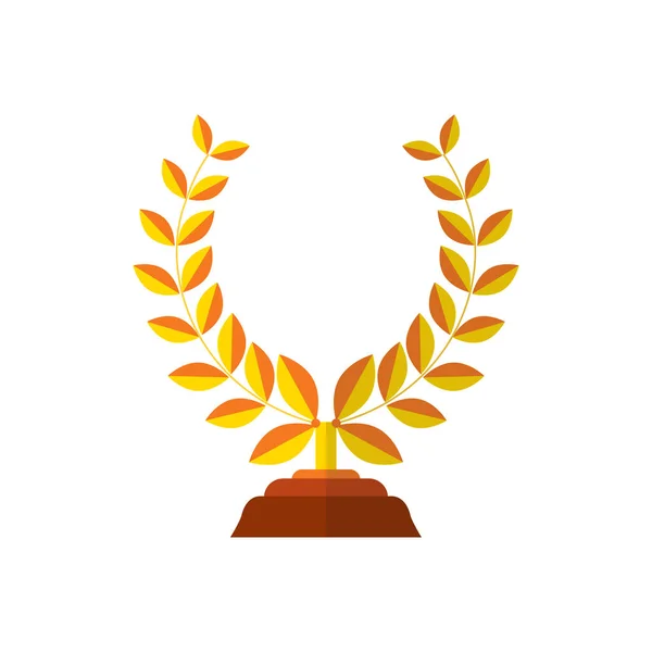 Ícone do troféu plana de medalha vencedora do prêmio de sucesso isolada na ilustração do vetor branco. Grinalda Laurel na cor amarela para web design, pacote, como símbolo — Vetor de Stock