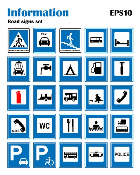 Informazionale strada blu simboli impostati. Illustrazione vettoriale isolata su bianco. Segni obbligatori. Bandiera del traffico pronta all'uso — Vettoriale Stock