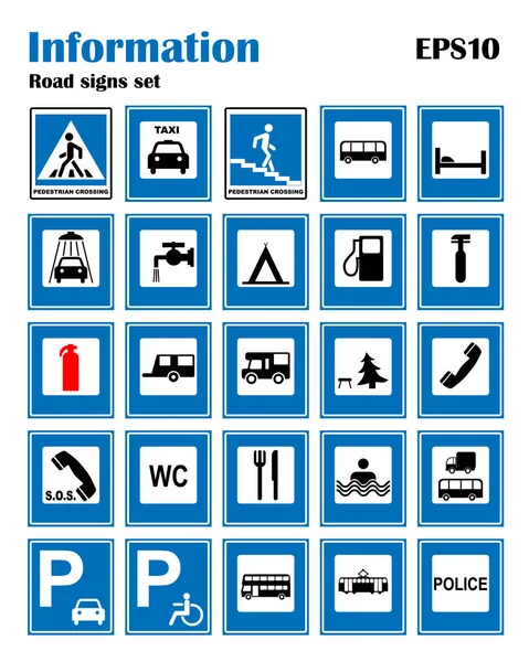 Símbolos azuis informativos definidos. Ilustração vetorial isolada sobre branco. Sinais obrigatórios. Banner de tráfego pronto para usar — Vetor de Stock