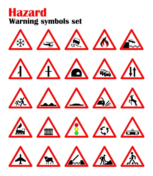 Impostare segnali di pericolo stradale, segnali stradali avvertono circa la situazione delle regole del traffico, vettore triangolo rosso. set di simboli . — Vettoriale Stock