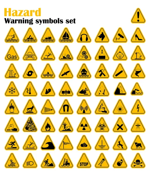 Warning Hazard Triangle Signs Set. Vector illustration. Yellow symbols isolated on white — Stock Vector