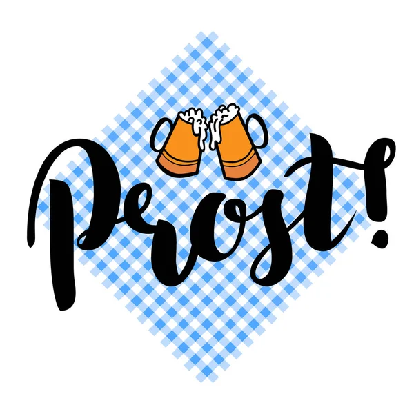 Традиционный немецкий фестиваль пива Октоберфест с текстом Prost Cheers и двумя барами. Векторная надпись на белом . — стоковый вектор