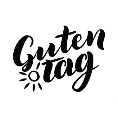 Guten Tag. Word Merhaba, Almanca iyi günler. Moda hat. Vektör çizim güneş beyaz zemin üzerine. Çizilmiş yazı.