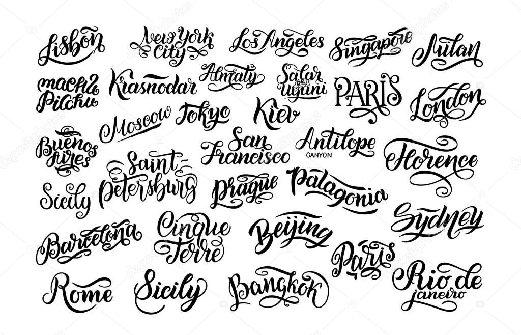 Set of hand lettering. Biggest cities in the world. Kiev, Almaty, London, Lisbon, Paris, Tokyo, Moscow, New York, Buenos Aires, Rome, Sydney, Barcelona