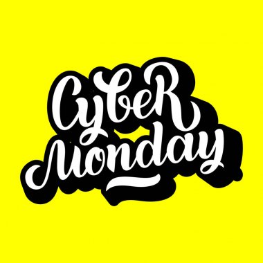 Cyber Pazartesi Satılık el yapımı yazı, logo, afiş, etiketleri, rozetleri, parmak izi, posterler, web için hat arka plan. Vektör çizim beyaz harflerle siyah