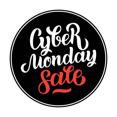Cyber Pazartesi Satılık el yapımı yazı, logo, afiş, etiketleri, rozetleri, parmak izi, posterler, web için hat arka plan. Vektör çizim beyaz harflerle siyah daire üzerinde beyaz izole.