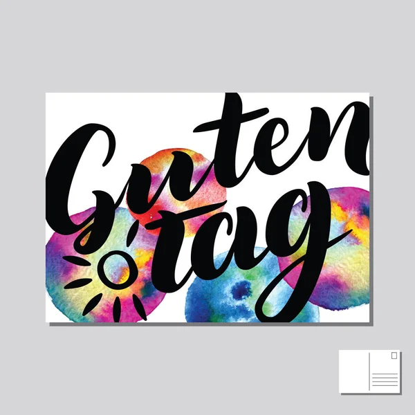 Guten Tag, goedendag, Hallo in Duitse hand getrokken belettering postkaart met abstracte cirkel kleurrijke achtergrond. Vectorillustratie belettering. Sjabloon voor afdrukken — Stockvector