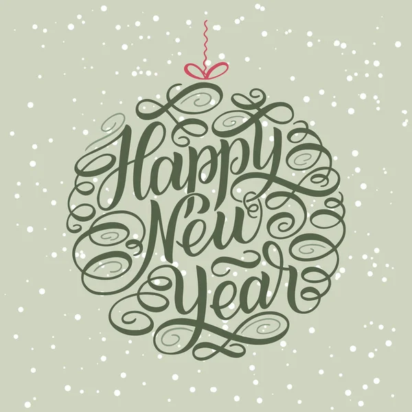 Feliz Ano Novo, lettering Cartão desenho círculo texto frame.Vector ilustração. Bola de brinquedo árvore de Natal — Vetor de Stock