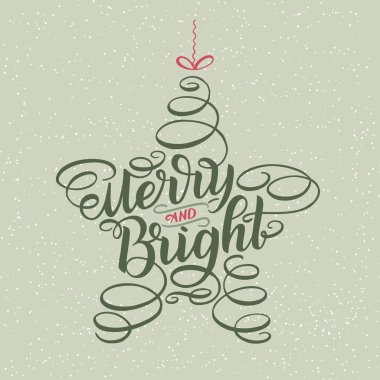 Merry ve yeni yıl parlak yazı yıldız şeklinde oyuncak, tebrik kartı tasarım daire metin çerçevesinin üzerine beyaz izole ağaç. Vektör çizim. Noel ağacı oyuncak, işareti boyama