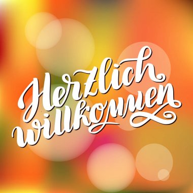 Herzlich willkommen. Hoş geldiniz. Geleneksel Alman Oktoberfest bier Festivali. Arka plan illüstrasyon portakal yazı vektör çizilmiş fırça bulanık