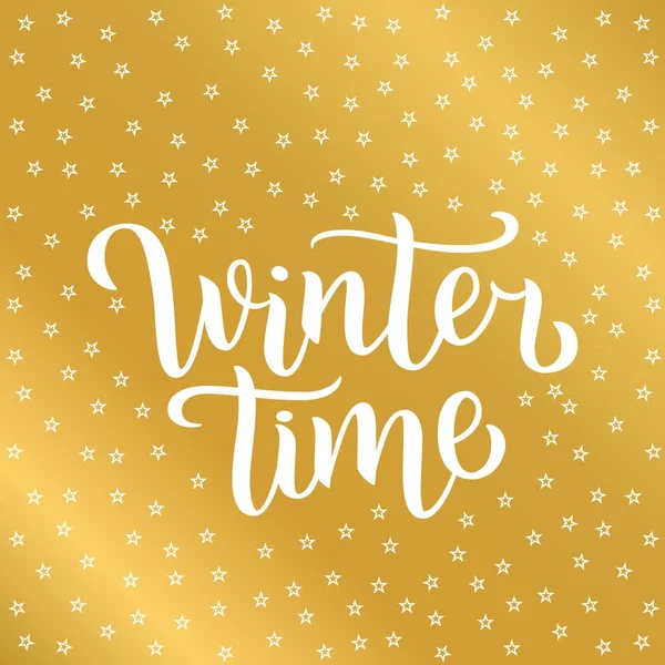 Tempo de inverno texto lettering branco personalizado em fundo dourado com estrelas, ilustração vetorial. Caligrafia de inverno para logotipo, convite, cartaz, decoração e cartões postais . — Vetor de Stock