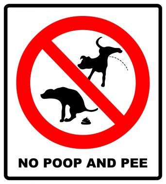 Yasak uyarı işaret peeing ve kaka köpek yok. Vektör çizim üzerinde beyaz izole. Halka açık yerlerde kırmızı yasağı simgesi. Kaka ve çiş köpek simge yok