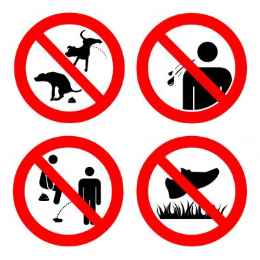 Hiç kaka ve işeyen insanlar ve pets, yürümek çimler, tükürme iz yok. Semboller topluluğu. Vektör çizim üzerinde beyaz izole. Açık havada ve ortak kullanıma açık yerlerde