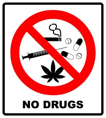 Uyuşturucu yasak. Kapsül, marihuana, esrar, tütün, kokain ve diğer uyuşturucular yok. Kırmızı yasak sembol. Yasak illüstrasyon beyaz üzerine izole edildi