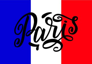 Fransa bayrağının renkleri üzerine el yazması Paris yazması. El çizimi harfler. Tasarımınız için kaligrafik öge. Tişört, kartpostal veya poster için vektör illüstrasyonu