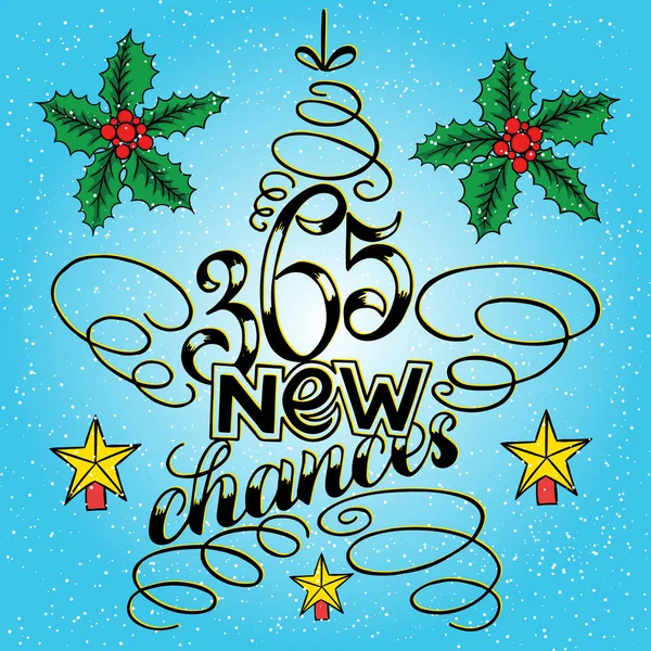 Yeni yıl yazı yıldız Ağaç oyuncak, tebrik kartı tasarım daire metin çerçevesini çilek ve holly ile mavi arka plan şeklinde 365 şans. Vektör çizim. Noel ağacı oyuncak, işareti resim stili — Stok Vektör