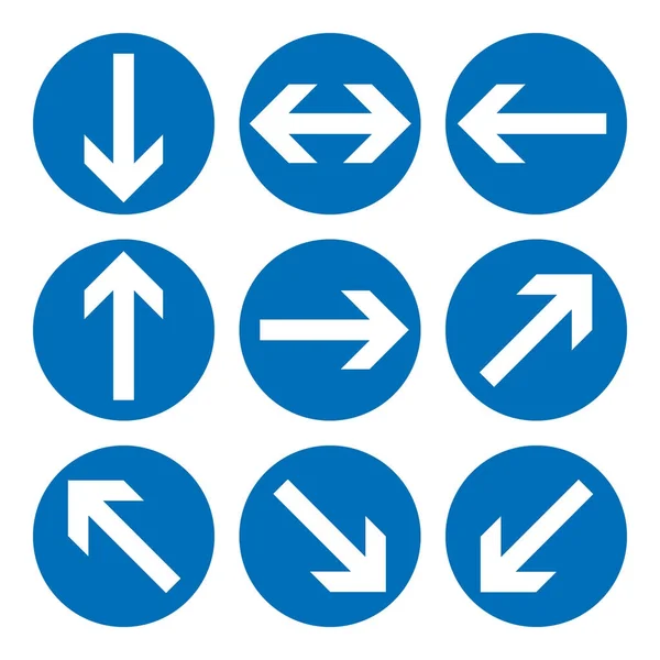 Набір знаків напрямку. Блакитне коло обов'язкові інформаційні символи. Векторні ілюстрації ізольовані на білому. Білі прості стрілки. Зауважте піктограми. Збірка стрілок у різних напрямках . — стоковий вектор