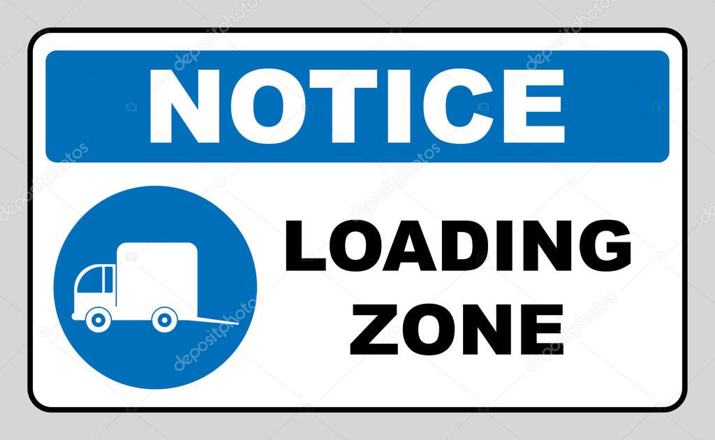 Loading zone sign. Vector illustration isolated on white. Blue mandatory symbol with white pictogram and black text. Notice informational banner