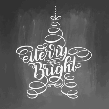 Yıldız Ağaç oyuncak çerçeveli neşeli ve parlak yazı. El hat Inspirational quotes yazı çekilmiş. Kara tahta arka plan, beyaz harfler, vektör çizim. Tipografi tatil mesajı.