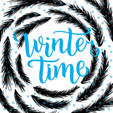 Kış zaman yazı tasarımı. Vektör çizim, Noel ağacı dalları mavi harflerle arka plan çerçevesi. Mutlu yeni yıl ve mutlu Noeller mevsimlik Satılık. Kış tatil off-price