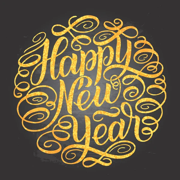 Feliz Ano Novo, lettering Cartão de saudação projeto círculo quadro de texto no fundo quadro com letras amarelas douradas. Ilustração vetorial — Vetor de Stock