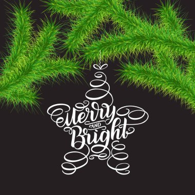 Merry ve parlak yazı. Mutlu yeni yıl 2018 tebrik kartı. Noel yeşil dallar ve gri arka plan ağaç oyuncaklar formundaki yazı ağaçları. İşareti boyama