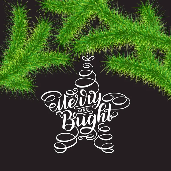 Merry ve parlak yazı. Mutlu yeni yıl 2018 tebrik kartı. Noel yeşil dallar ve gri arka plan ağaç oyuncaklar formundaki yazı ağaçları. İşareti boyama