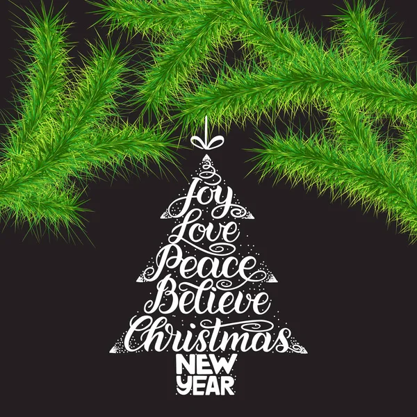 Joy, Love, Peace, Believe, Christmas, New Year lettering greeting card. Christmas green trees branches and lettering in tree toys form against grey background. Sign painting style