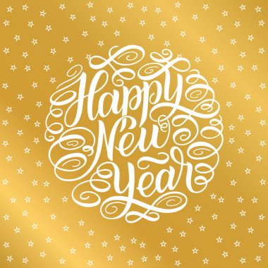 Mutlu yeni yıl, tebrik kartı tasarım daire metin çerçevesini altın arka plan beyaz yıldız ile yazı. Vektör çizim. El-Aydın hat, stil kompozisyon boyama işareti
