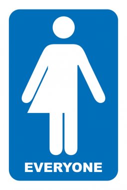 Cinsiyet Nötr işareti. Transseksüel tuvaleti işareti. Vektör çizim. Beyaz izole mavi sembol. Zorunlu ana başlık. Toilett herkes için