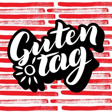 Guten Tag. Word Merhaba, Almanca iyi günler. Moda hat. Güneş ile renkli arka plan üzerinde vektör çizim. Çizilmiş yazı.