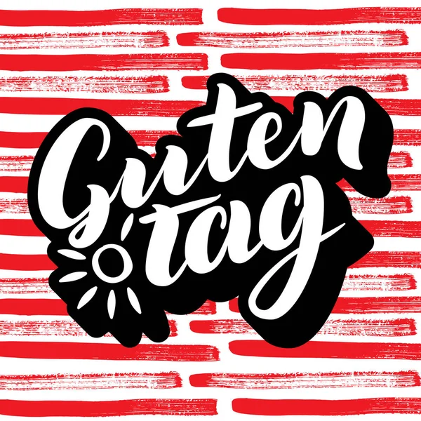 Guten Tag. Word Merhaba, Almanca iyi günler. Moda hat. Güneş ile renkli arka plan üzerinde vektör çizim. Çizilmiş yazı.