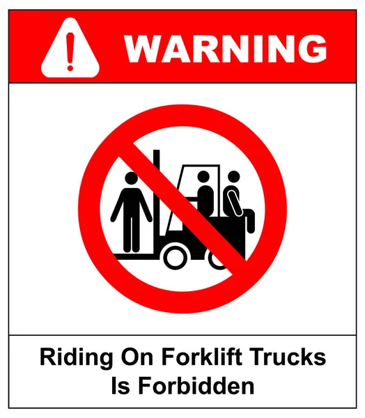 Monter sur des chariots élévateurs est interdit symbole. Signes de sécurité et de santé au travail. Ne montez pas sur un chariot élévateur. Illustration vectorielle isolée sur blanc. Bannière d'avertissement — Image vectorielle